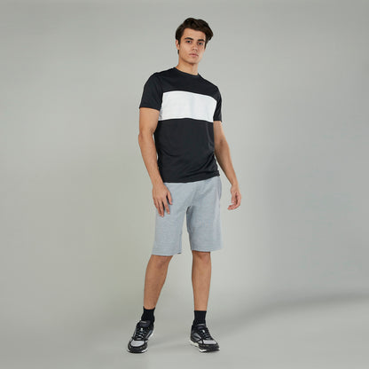 Grey heather drawstring shorts, knee length with black drawcord