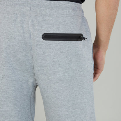 Grey heather shorts with black zipper pocket on back
