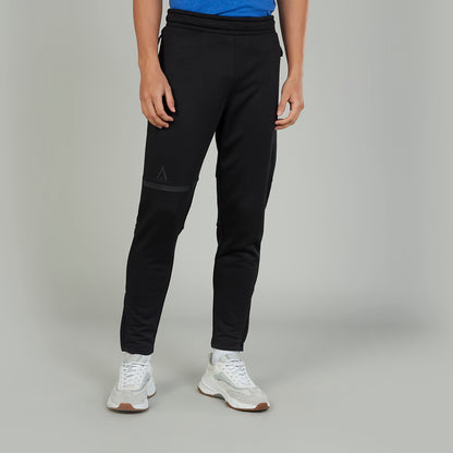 Black jogger pants with tapered legs and ankle cuffs