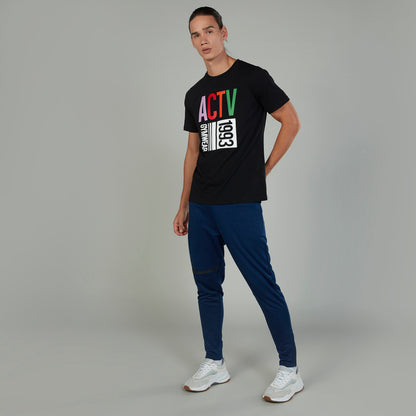 Men's blue jogger pants with contrast stripe and tapered fit with ankle cuffs