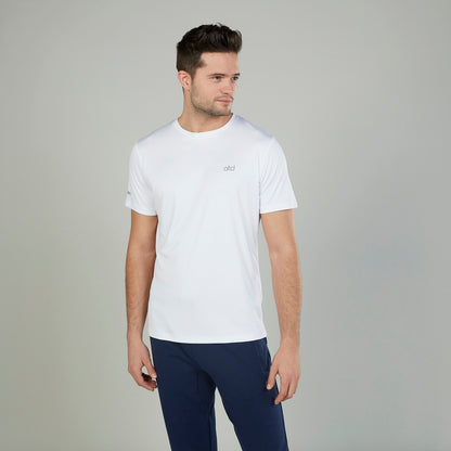 Men's white short-sleeve T-shirt with small chest logo, crew neck front view