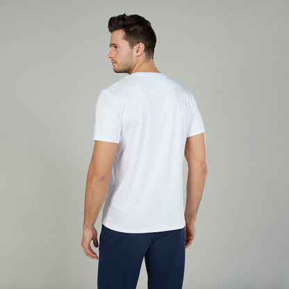 Men's white short-sleeve T-shirt, plain back with crew neckline