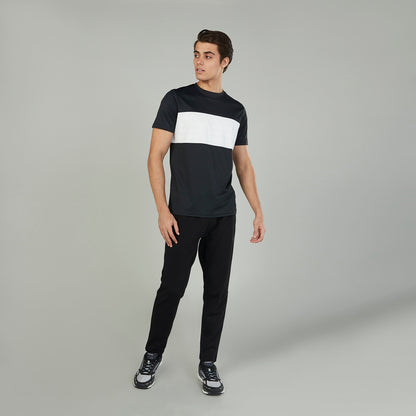 Black jogger pants with drawstring waist, slim tapered fit