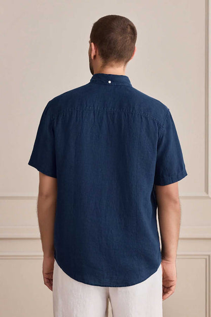 Men's navy short-sleeve button-up shirt, back view