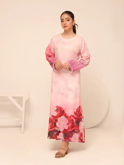 Pink long-sleeve dress with rose print hem and crew neckline