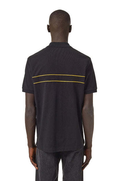 Black polo shirt back view with yellow stripe band across shoulders and short sleeves