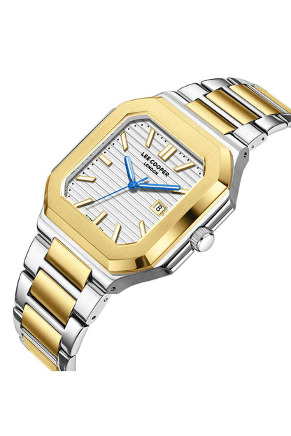 Two-tone gold and silver wristwatch with octagonal case, blue hands, and markers