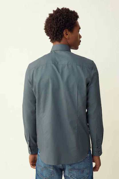 Men's petrol blue long-sleeve button-up shirt back view with yoke detail