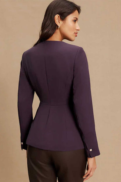 Dark purple women's blazer, back view with gold-button placket