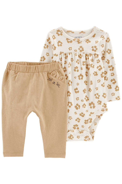 Baby long-sleeve bodysuit and tan print pants set, all-over tan paw print