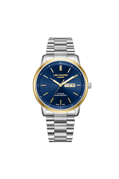 Silver-tone wristwatch with blue dial and metal bracelet, gold bezel accents