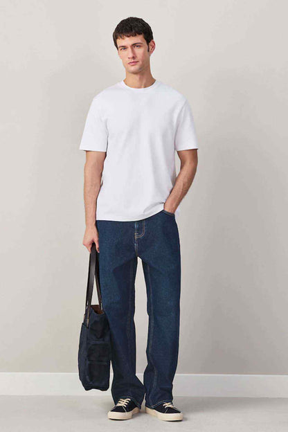 NEXT dark blue straight-leg jeans with front pockets and belt loops