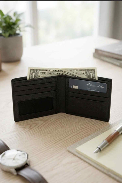 Black leather bifold wallet open, showing card slots and bill pocket