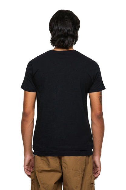 Men's black V-neck T-shirt, back view
