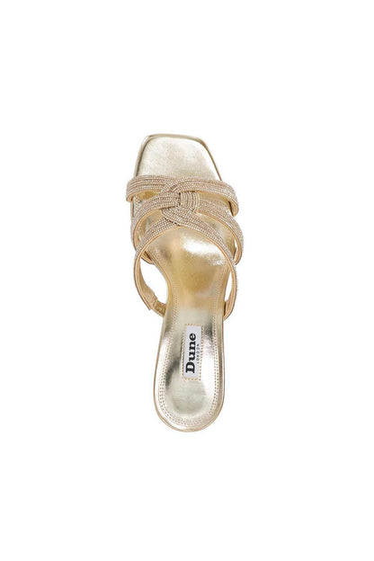 Gold heeled sandal with rhinestone straps and open toe