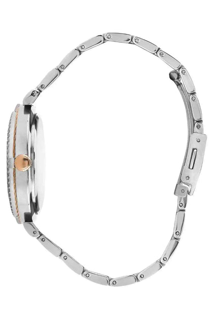 Silver metal watch bracelet with round case profile and side crown