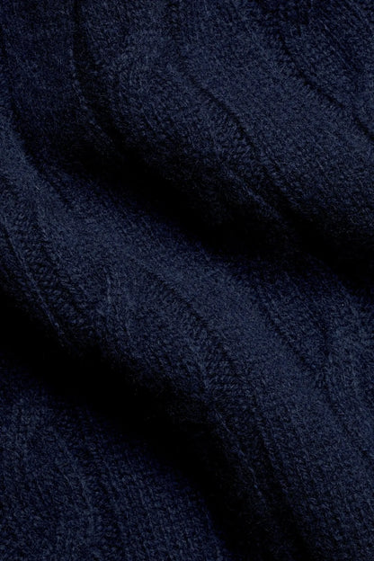 Navy cable-knit sweater texture close-up