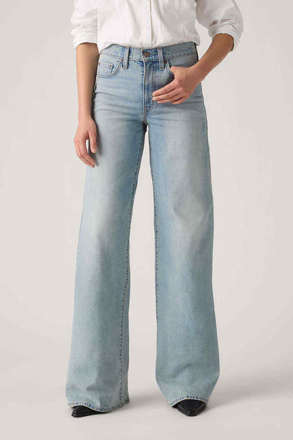 Levi's light indigo wash wide-leg denim jeans with button fly and stitched seams