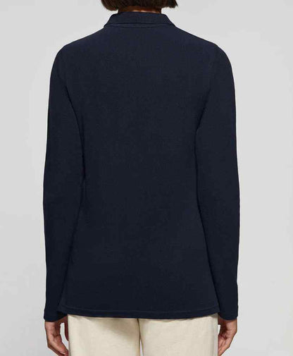 Back view of dark navy fitted long-sleeve polo shirt with stand collar