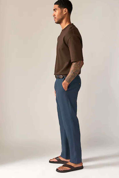 Men's navy straight-leg jeans, side view, with belt loops