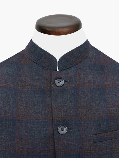 Dark plaid vest with stand collar and button placket detail