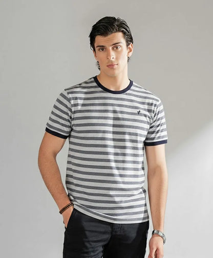 Fitted striped T-shirt, crew neck, short sleeves, gray with dark navy stripes