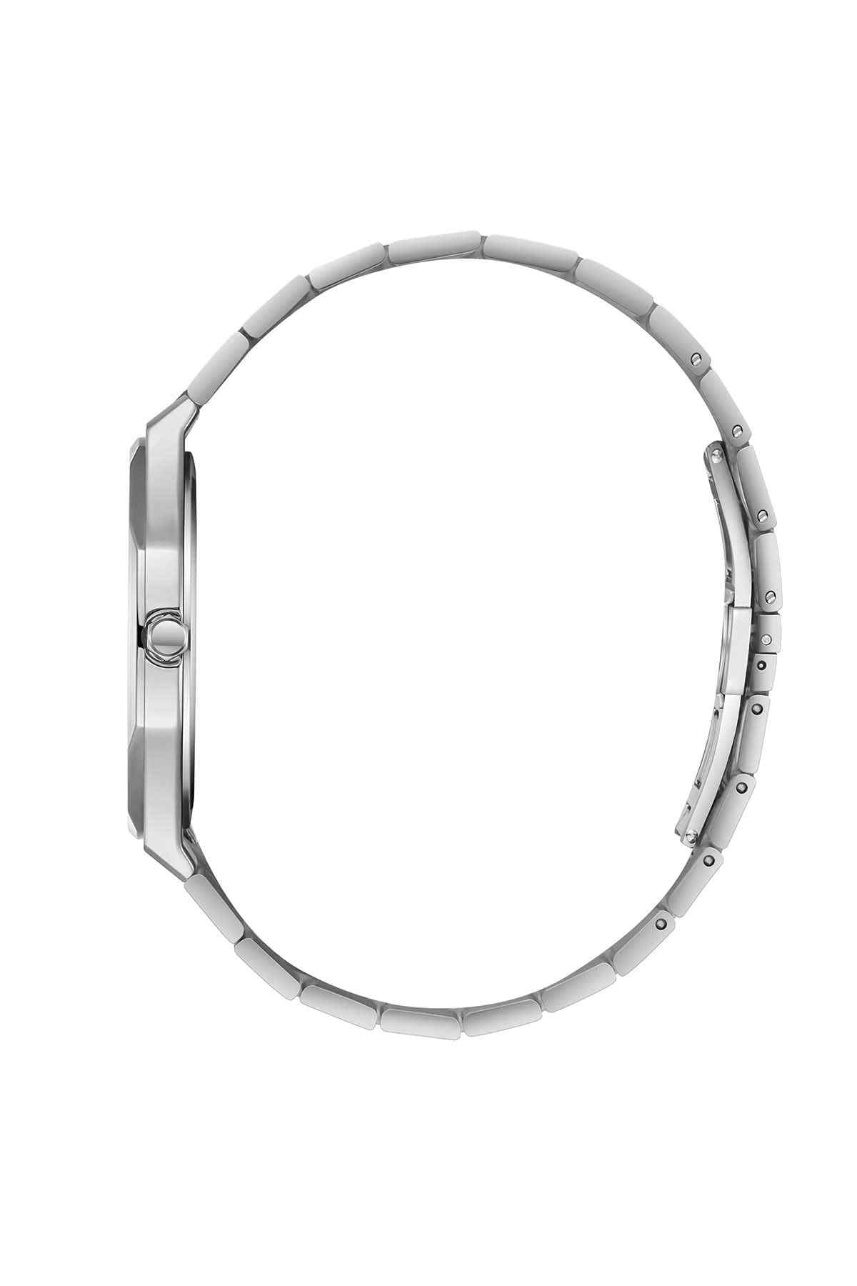 Silver stainless steel watch case and link bracelet, side profile with ridged bezel