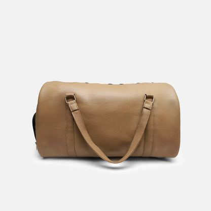 Tan leather-look duffel bag with dual handles and front strap detail