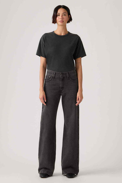 Black wide-leg denim jeans with five pockets and belt loops
