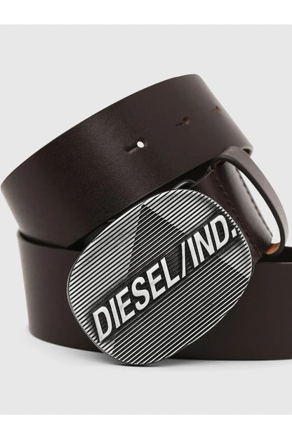 Brown Diesel leather belt with circular striped logo patch and eyelets