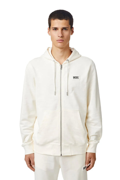 Diesel white zip-up hoodie with drawstring hood and front zipper