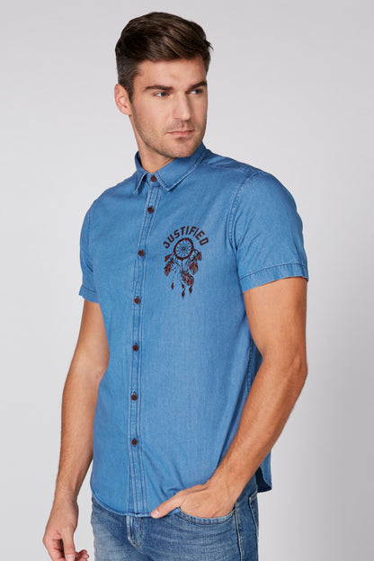 Men's blue denim short-sleeve button-up shirt with chest embroidery