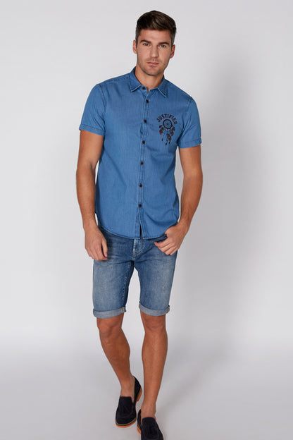 Men's blue denim short-sleeve button-up shirt with chest embroidery, with denim shorts
