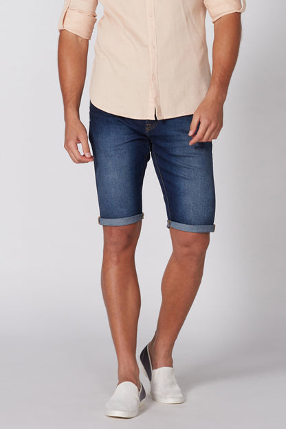 Men's blue denim shorts with rolled hem and belt loops