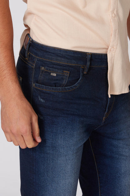 Men's blue denim shorts with stitched front pockets and belt loops
