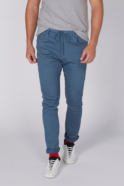Blue slim jogger pants with drawstring waist and front pockets