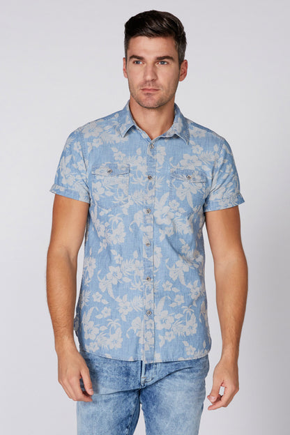 Men's blue short-sleeve button-up shirt with floral pattern and chest pockets