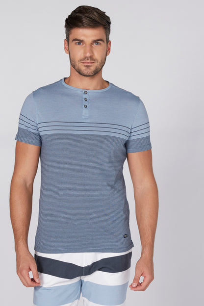 Men's blue striped henley shirt with 3-button placket, short sleeves