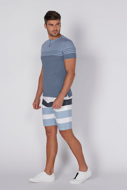 Men's blue striped henley shirt with matching light blue and white shorts
