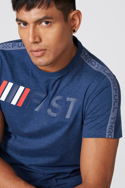 Men's blue crew-neck graphic T-shirt, short sleeves, chest logo