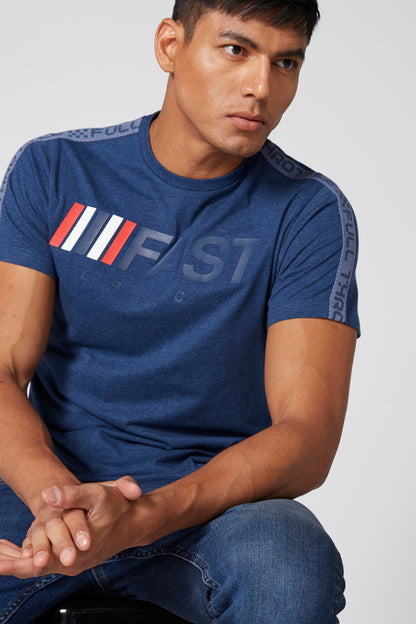 Men's blue graphic T-shirt with chest logo, short sleeves, crew neck