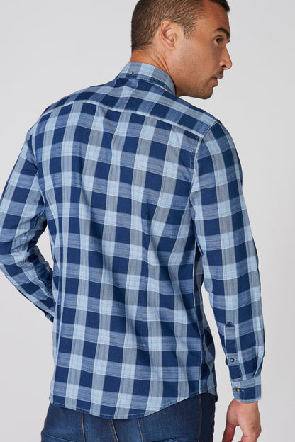 Blue plaid button-up shirt, back view with long sleeves and curved hem