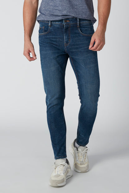 Splash blue denim jeans, front view with coin pocket and tapered straight legs