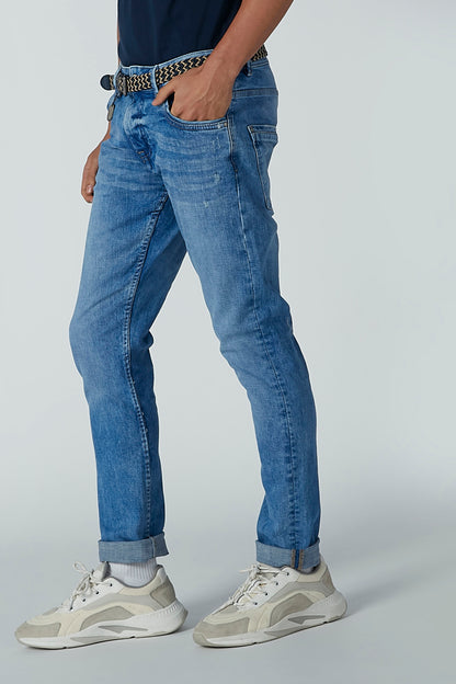 Blue denim jeans with patterned woven belt, straight leg and cuffed hem