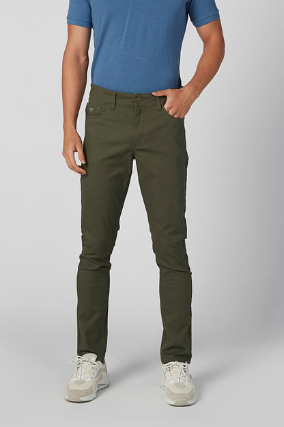 Men's olive green straight cargo pants with belt loops and multiple pockets