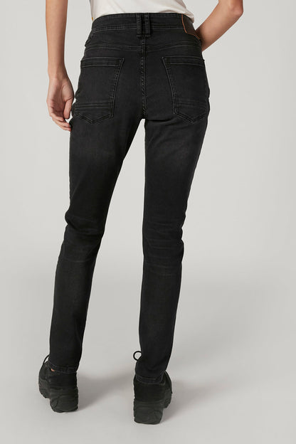 Black denim jeans with multiple front pockets and seam detail, straight leg
