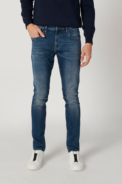 Blue denim jeans with straight fit, five-pocket styling, and belt loops