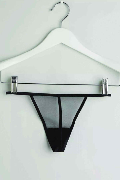 Black lace thong with sheer mesh sides and narrow waistband