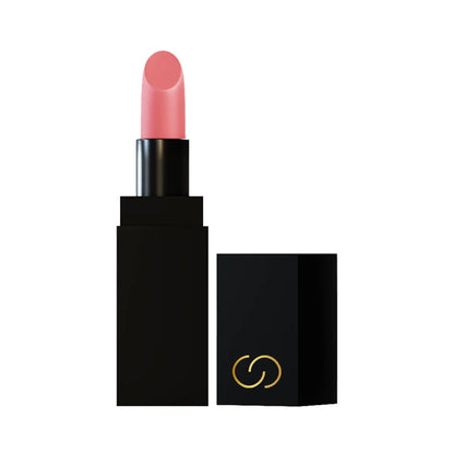 Peach pink velvet lipstick in a black bullet tube with gold logo