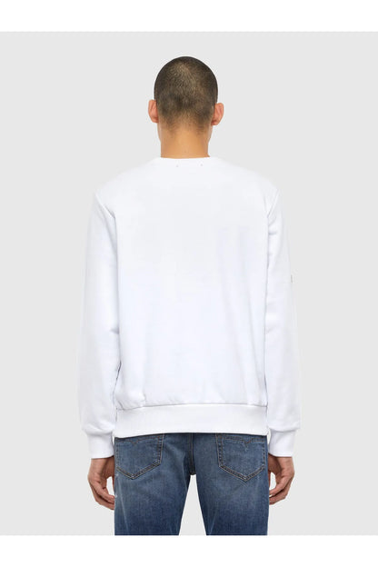 White crewneck sweatshirt, back view with ribbed cuffs and hem